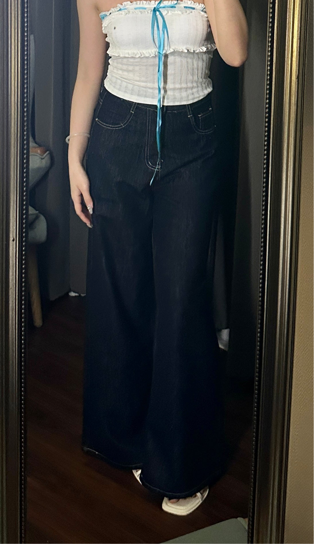 深藍明線牛仔長褲