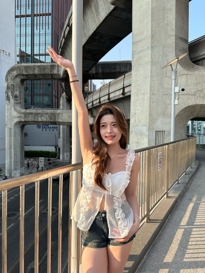 粗肩帶開叉白色上衣
