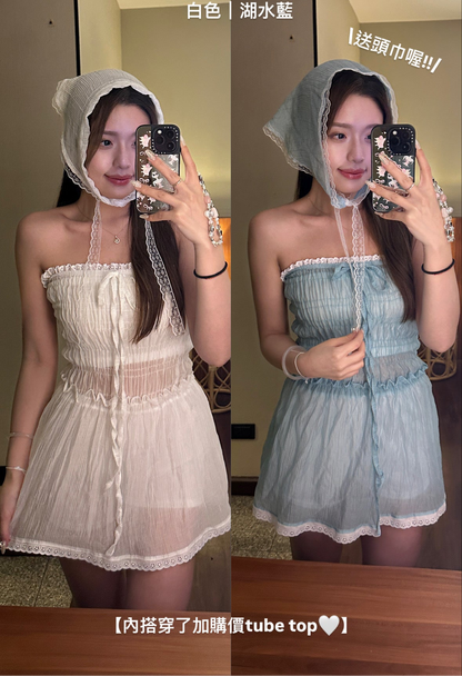 lace邊輕透連身裙褲（連頭巾）